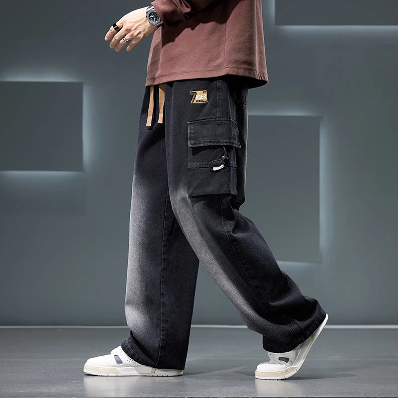 Autumn New Wide Leg Washing Jean Pants Men Trousers Neutral Solid Color Loose Casual Fashion Pocket Cargo Pants Big Size 8xl