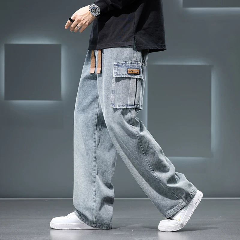 Autumn New Wide Leg Washing Jean Pants Men Trousers Neutral Solid Color Loose Casual Fashion Pocket Cargo Pants Big Size 8xl