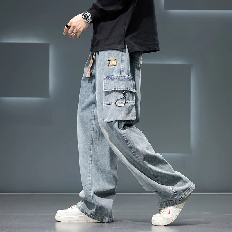 Autumn New Wide Leg Washing Jean Pants Men Trousers Neutral Solid Color Loose Casual Fashion Pocket Cargo Pants Big Size 8xl