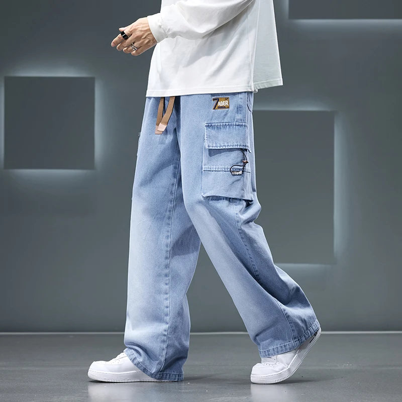 Autumn New Wide Leg Washing Jean Pants Men Trousers Neutral Solid Color Loose Casual Fashion Pocket Cargo Pants Big Size 8xl