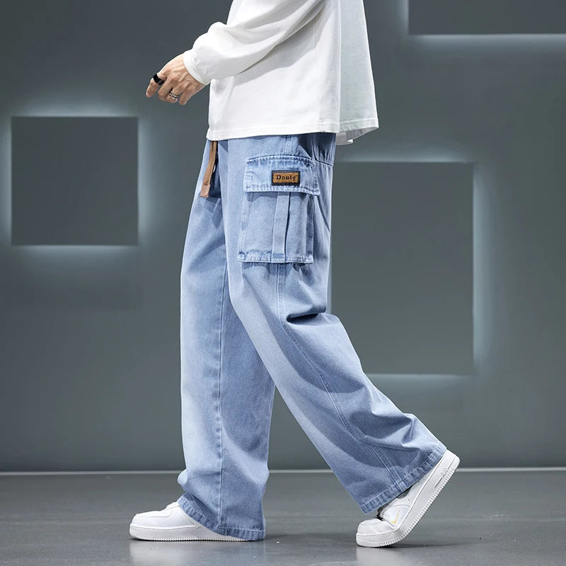 Autumn New Wide Leg Washing Jean Pants Men Trousers Neutral Solid Color Loose Casual Fashion Pocket Cargo Pants Big Size 8xl